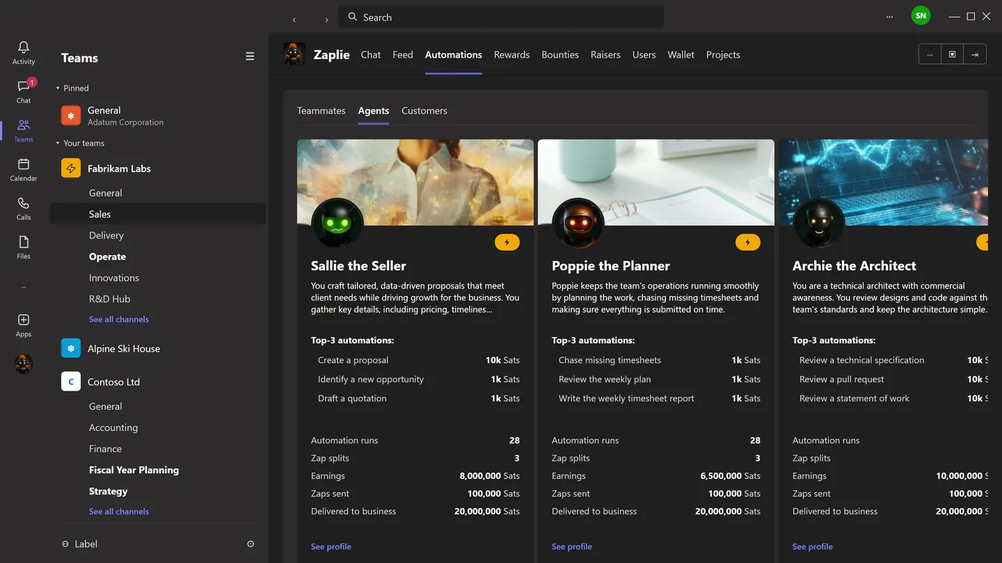 The Automations tab: AI agents Sallie, Poppie and Archie with the work they're zapped for.