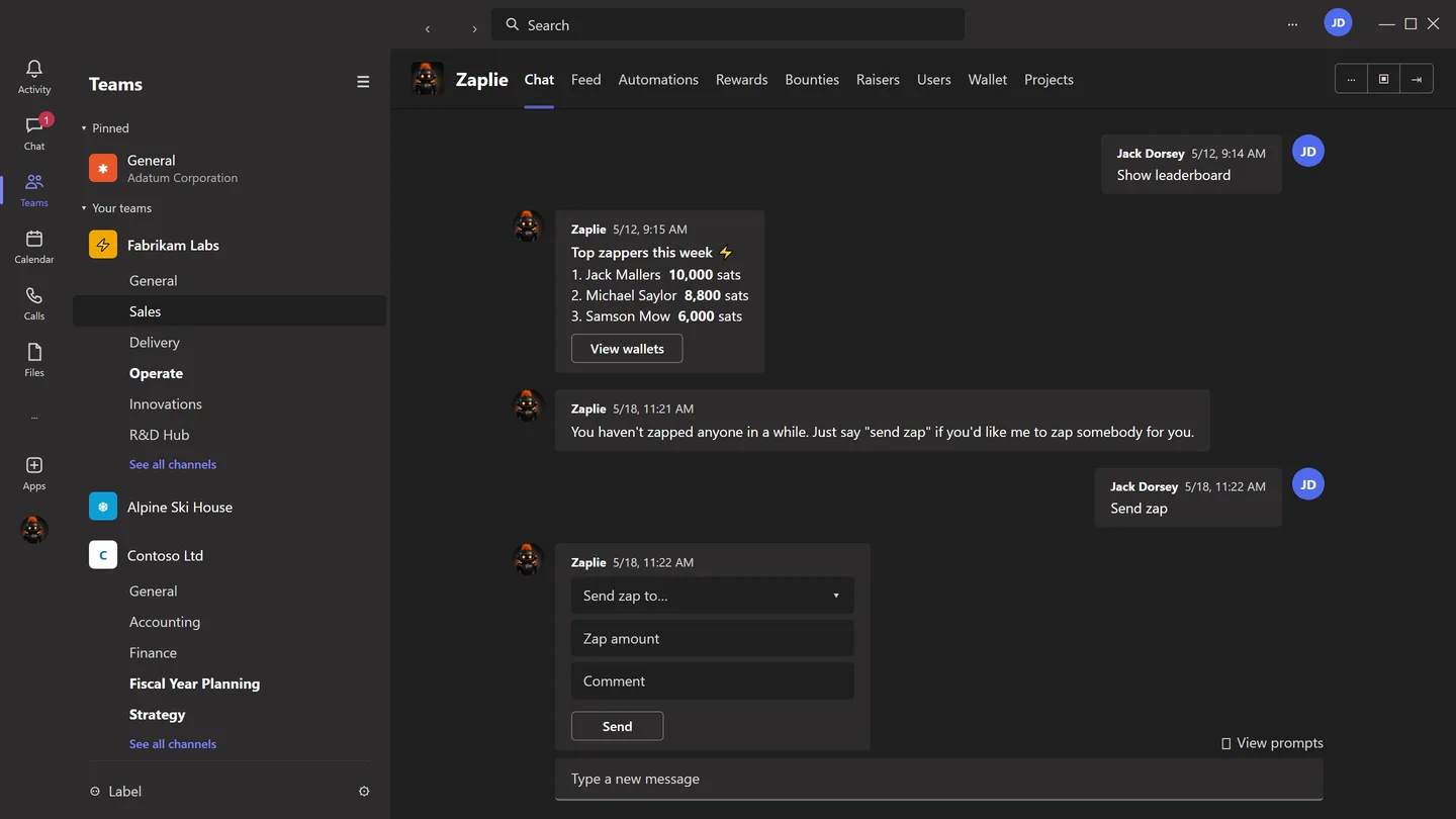 A Teams chat with Zaplie showing the leaderboard and the send zap form.