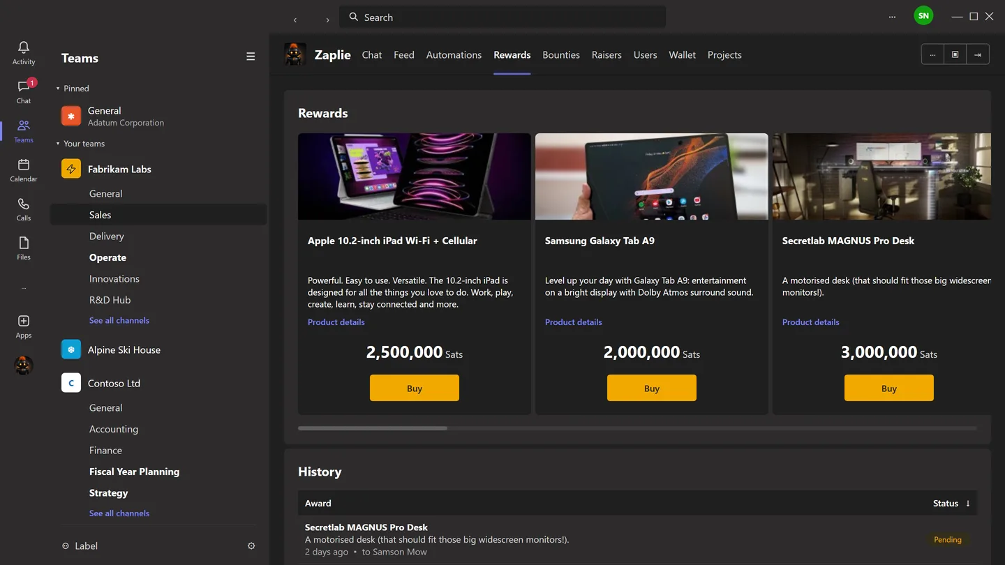 The Rewards tab: products people can buy with their sats.
